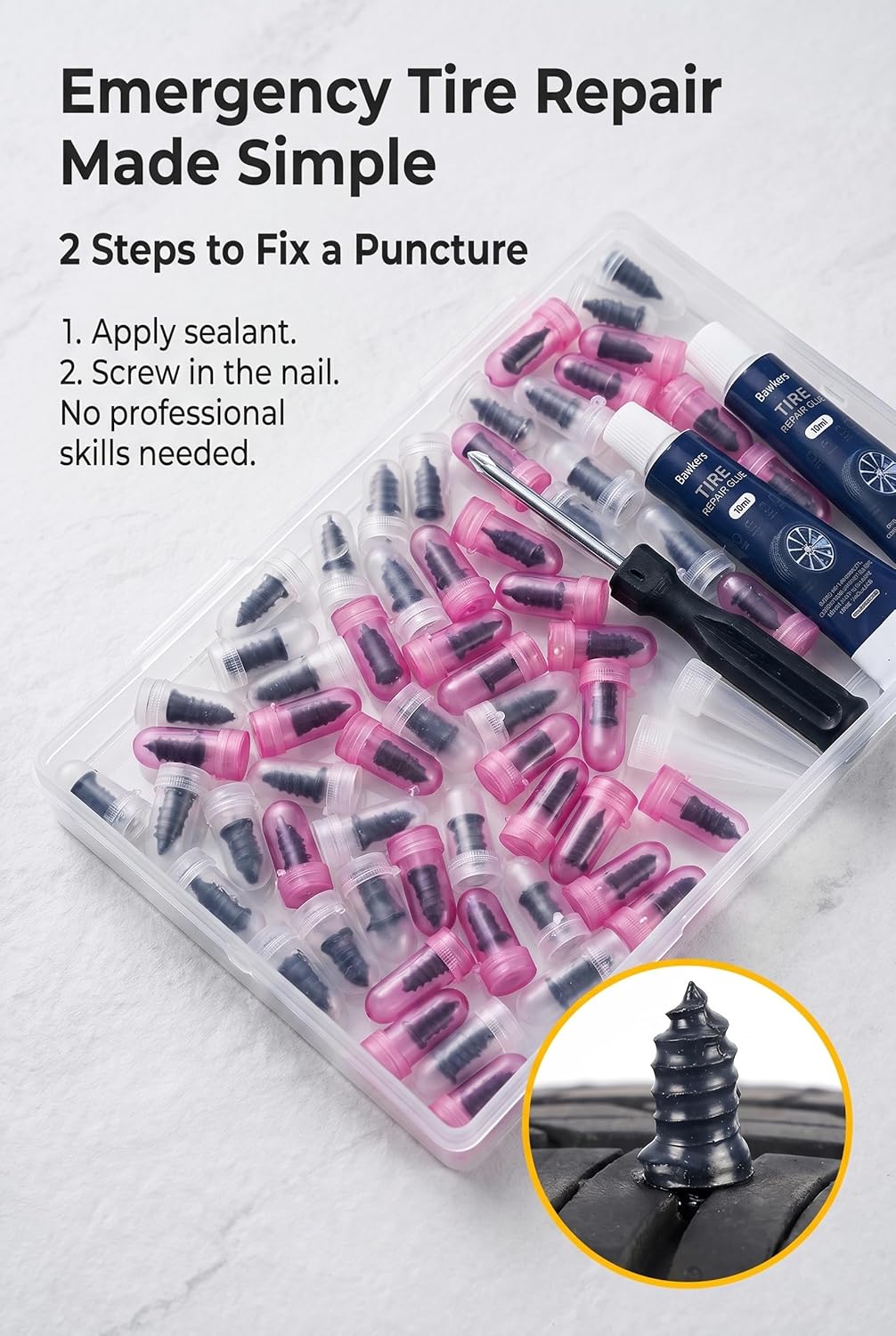 60 PCS Tire Repair Rubber Nail, Vacuum Tire Repair Kits Spiral Rubber Screws, Fast Self-Service Tool for Car, Truck, Motorcycle, Tractor Tire Puncture Repair (Black)