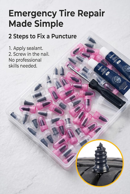 60 PCS Tire Repair Rubber Nail, Vacuum Tire Repair Kits Spiral Rubber Screws, Fast Self-Service Tool for Car, Truck, Motorcycle, Tractor Tire Puncture Repair (Black)