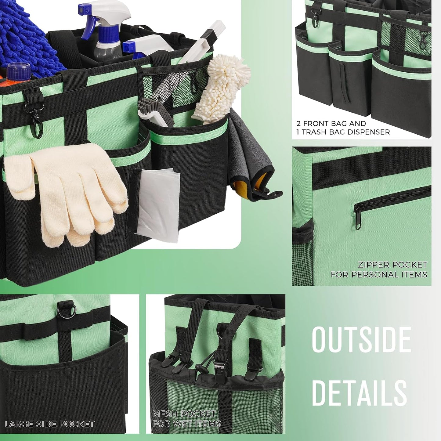 SCAVATA Wearable Cleaning Caddy Organizer with Handle & Shoulder Straps for Housekeepers, Under Sink & Car Cleaning Tool Organizer Bag with 4 Foldable Dividers (Green)