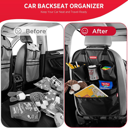 Rubbermaid Backseat Car Organizer, Kick Mats and Seat Back Protector, Car Organizer for Kids with 6 Storage Pockets, Travel Essentials for SUV, Truck, Car - 2 packs Gray