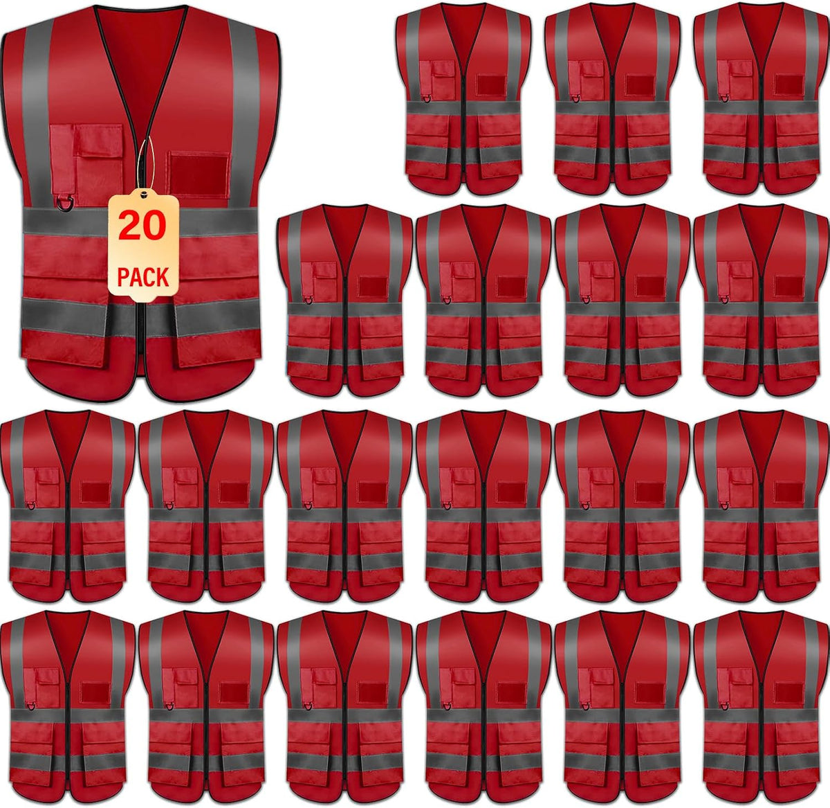 Safety Vests 20 Pack,Hi Vis Construction Vest with 5 Pockets and Zipper,Reflective Vest for Men Women Work One Size