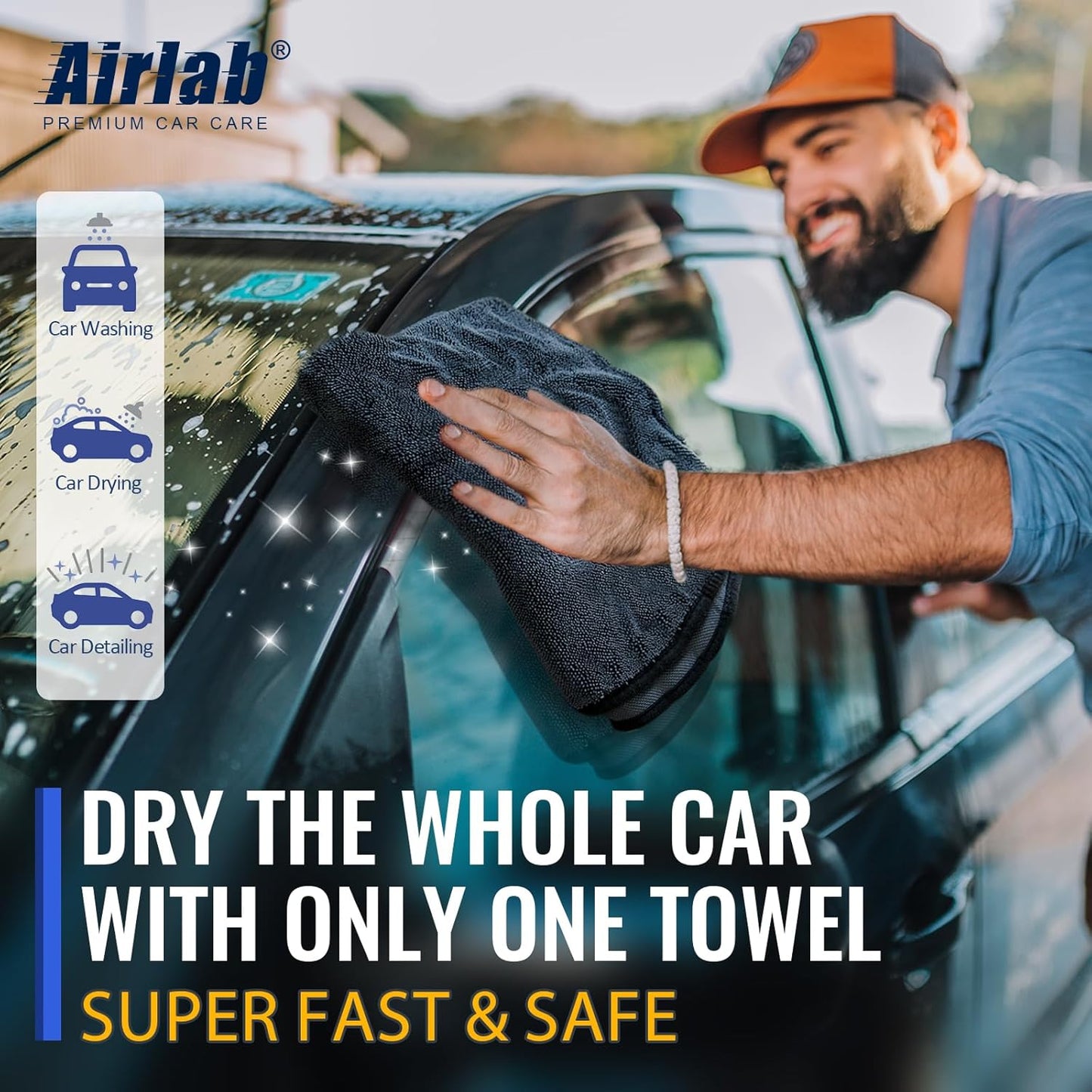 Airlab Microfiber Towels for Cars Wash Drying Thick Plush Cleaning Cloth Auto Detailing Super Absorbent for Interior & Exterior Lint Free, Streak Free, 16" X 16", 800 GSM, Pack of 4