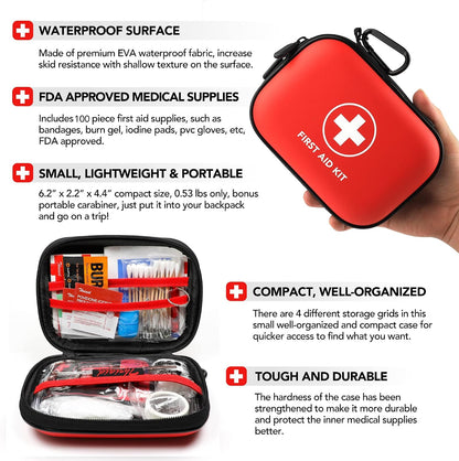 Mini First Aid Kit, 100 Pieces Water-Resistant Hard Shell Small Case - Perfect for Travel, Outdoor, Home, Office, Camping, Hiking, Car (Black)
