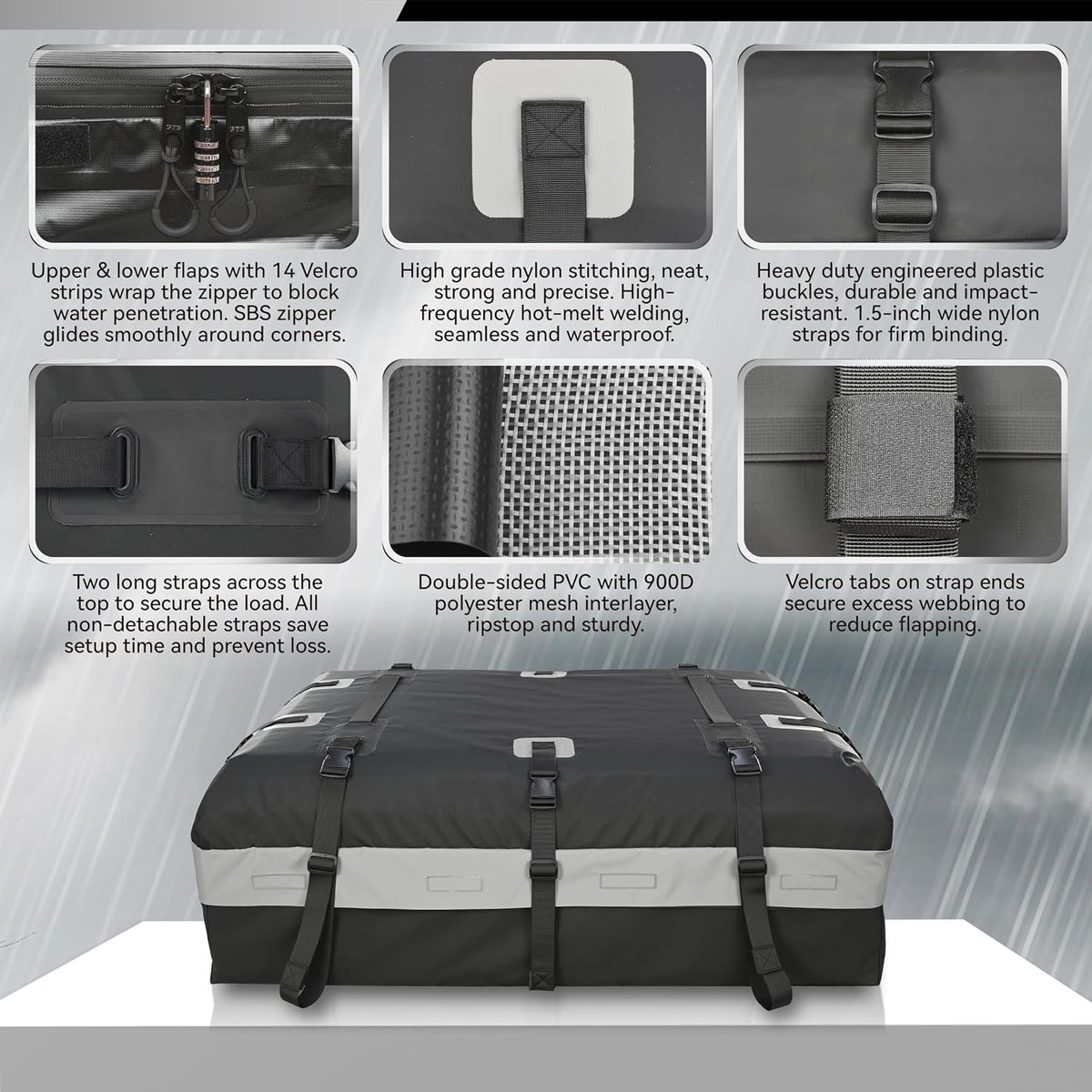 MARCHWAY Waterproof Car Roof Luggage Bag, Weatherproof Soft Shell Rooftop Cargo Carrier Bag for Vehicles with or Without Rack. 6 Door Hooks, Anti Slip Mat, Lock Included (21 Cubic Feet, Black)