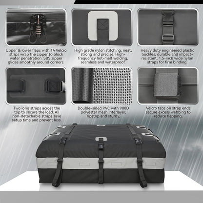 MARCHWAY Waterproof Car Roof Luggage Bag, Weatherproof Soft Shell Rooftop Cargo Carrier Bag for Vehicles with or Without Rack. 6 Door Hooks, Anti Slip Mat, Lock Included (21 Cubic Feet, Black)