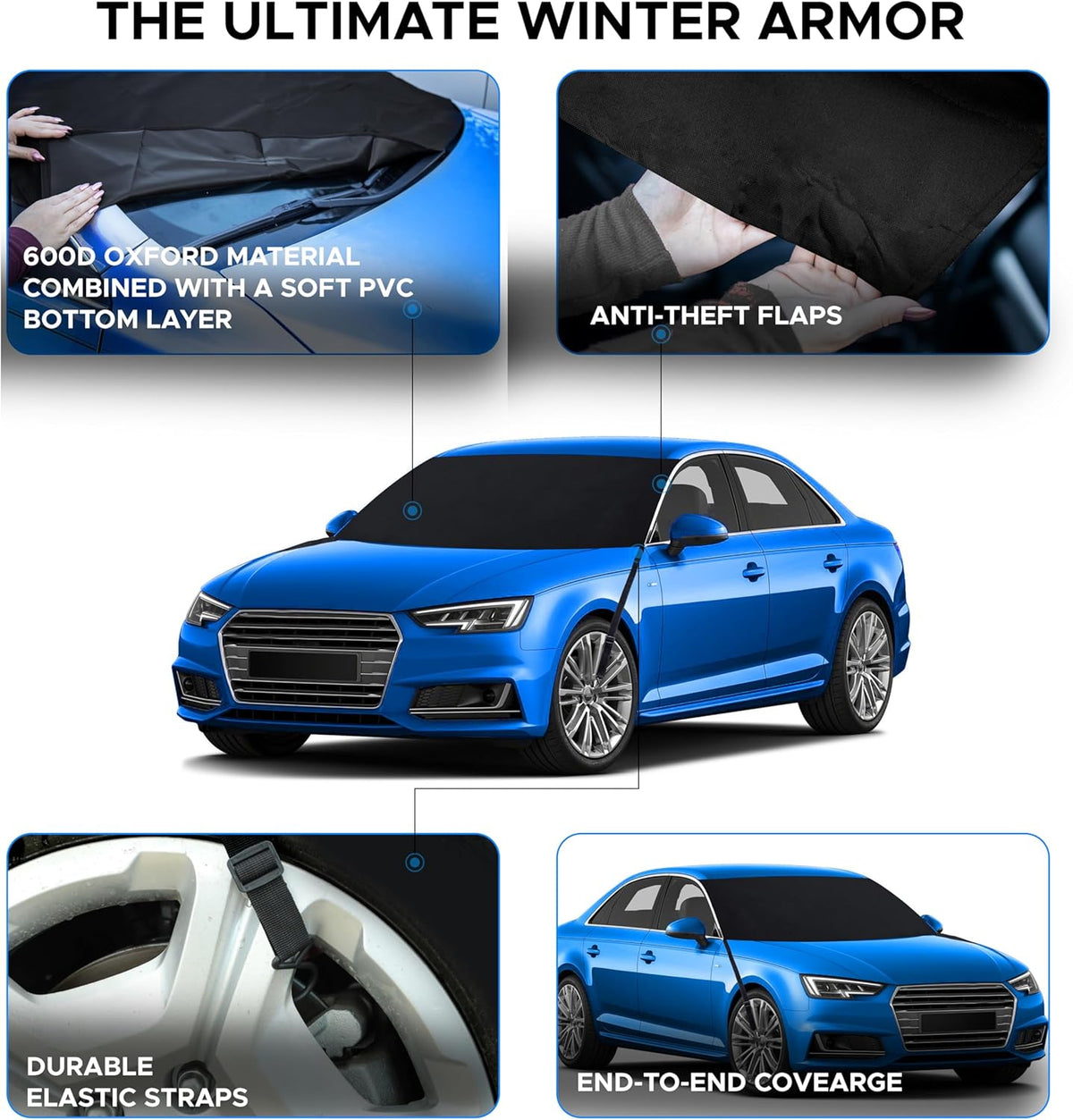 EcoNour Windshield Cover for Ice and Snow - Universal Fit for Car, SUV, Truck, Heavy Duty 600D Oxford Fabric Frost Protector for Ice & Sleet, Includes Anti-Theft Straps, Medium (69"x42")