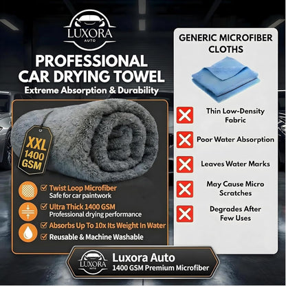 Car Drying Towel Extra Large 36" x 24" 1400 GSM Twisted Loop Microfibre - Charcoal Drying Towel Car Detailing, Double-Sided Edgeless Design, Super Absorbent, Durable Machine Washable and Lint-Free