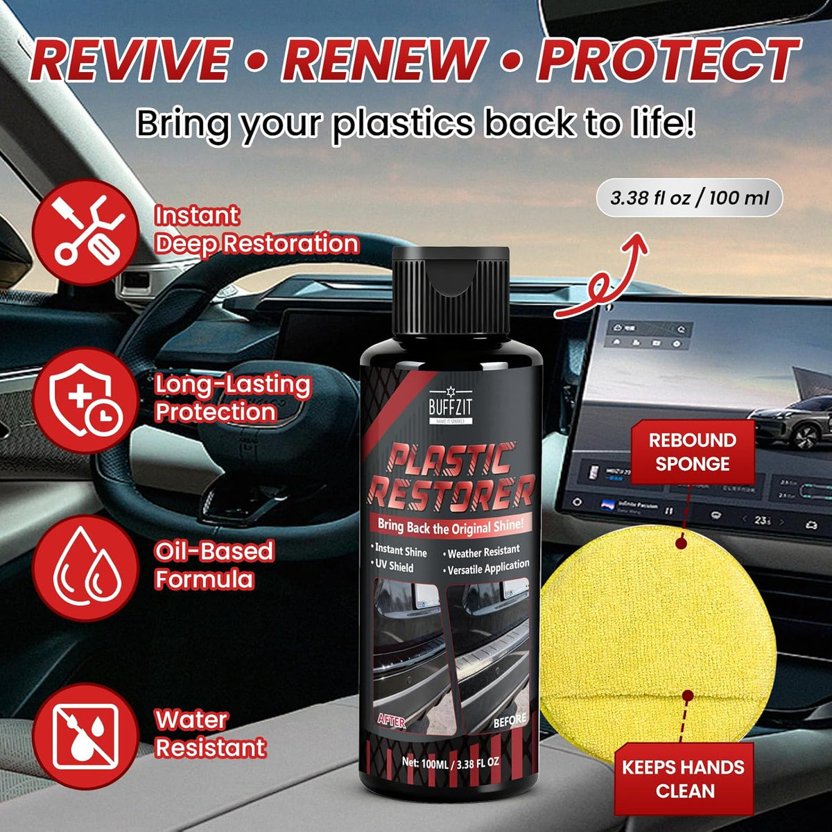 Plastic Restorer for Cars, Black Trim Restorer for Faded Plastic, Vinyl & Rubber, Long-Lasting UV Protection, Restores Deep Black Shine, Car Exterior & Bumper Trim Restorer, 3.38 fl oz