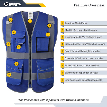 JKSafety 9 Pockets Class 2 High Visibility Zipper Front Safety Vest With Reflective Strips,Meets ANSI/ISEA Standard (Large, 150-Yellow) - Colors B