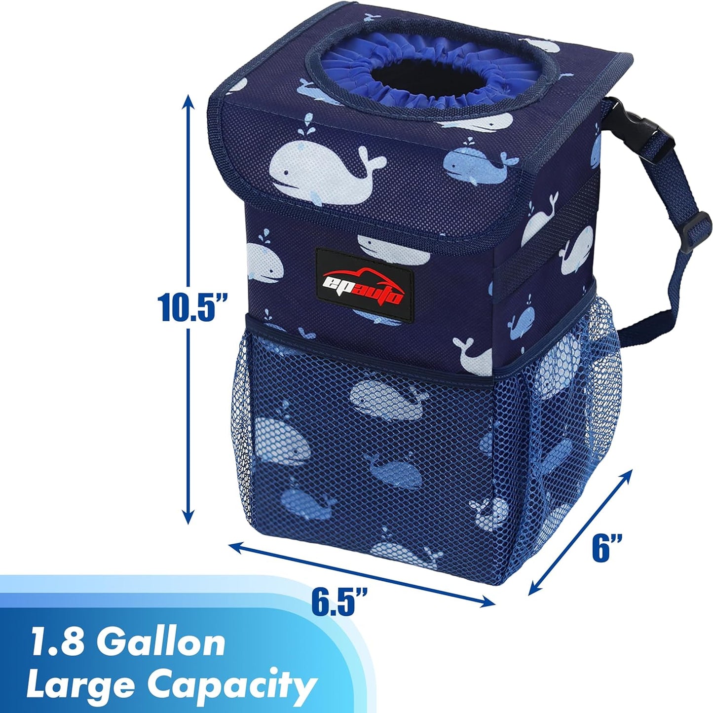 EPAuto Waterproof Car Trash Can with Lid and Storage Pockets, 2.5 Gallon, Black