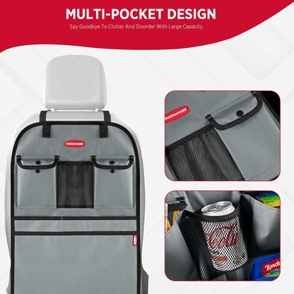 Rubbermaid Backseat Car Organizer, Kick Mats and Seat Back Protector, Car Organizer for Kids with 6 Storage Pockets, Travel Essentials for SUV, Truck, Car - 2 packs Gray