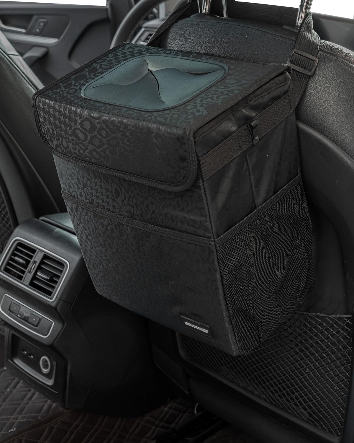 SIBOFUEGO Cute Car Trash Can with Lid – Multipurpose Collapsible Trash Bin for Car, Leak-Proof Organizer, Waterproof Garbage Can with Storage Pockets & Adjustable Straps, 2 Gallons (Black Leopard)