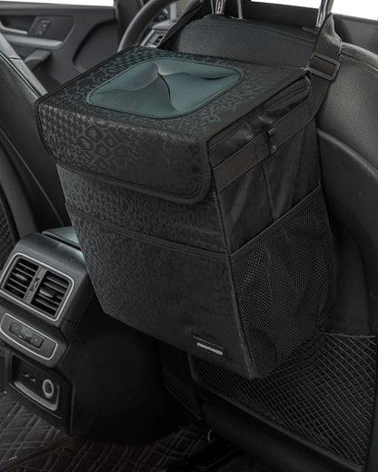 SIBOFUEGO Cute Car Trash Can with Lid – Multipurpose Collapsible Trash Bin for Car, Leak-Proof Organizer, Waterproof Garbage Can with Storage Pockets & Adjustable Straps, 2 Gallons (Black Leopard)