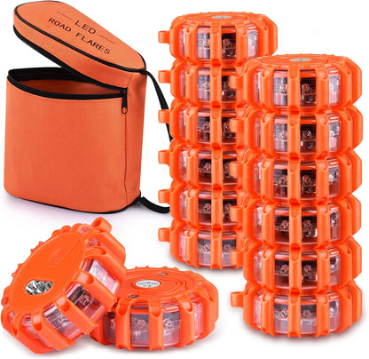 Tobfit 6 Pack LED Road Flares Emergency Lights Roadside Safety Beacon Disc Flashing Warning Flare Kit with Magnetic Base & Hook for Car Truck Boats | 9 Flash Modes (Batteries Not Included) (6)