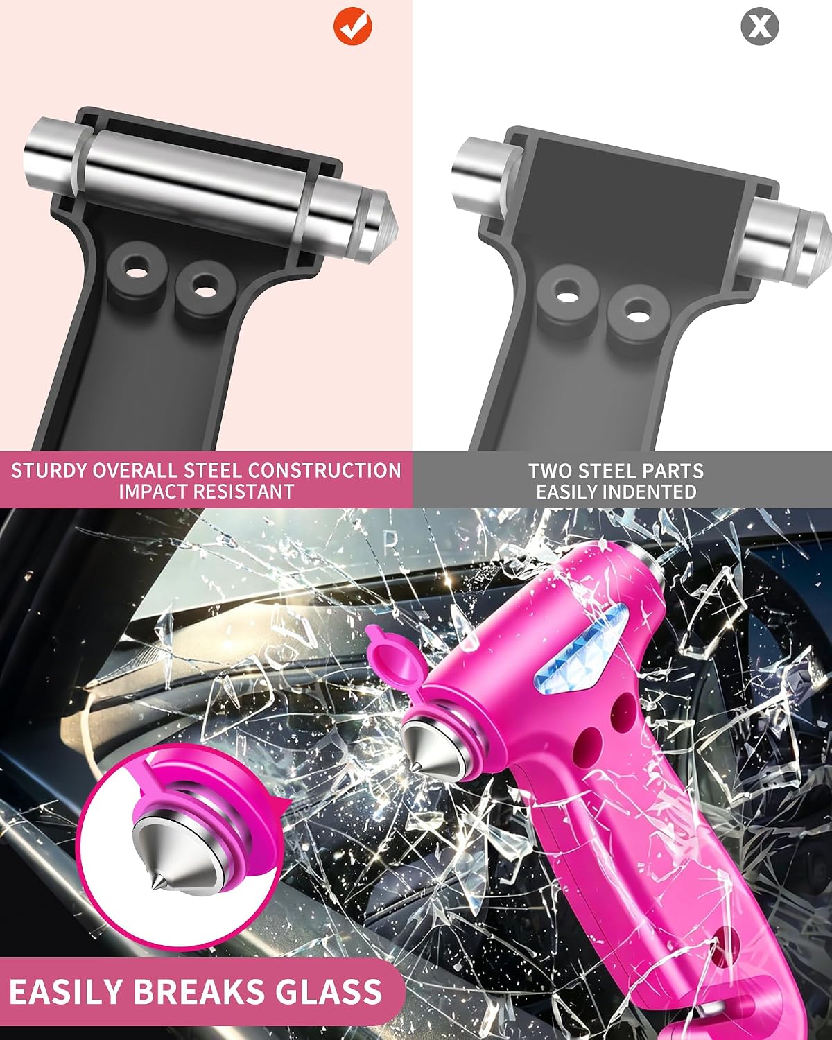 Car Glass Breaker and Seatbelt Cutter, Emergency Escape Tool, Pink | Built with ABS Handle and Carbon Steel Tip, Compact Design for Car Doors, Seats and Glove Box, Practical Gift for Driver