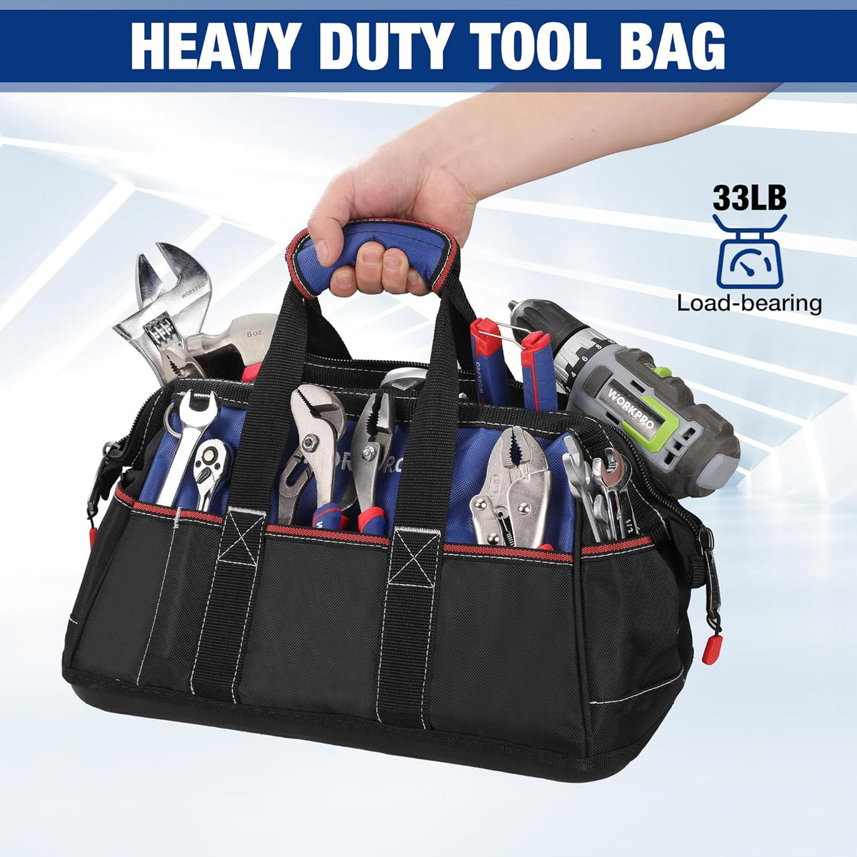 WORKPRO 16-inch Wide Mouth Tool Bag with Water Proof Molded Base | Multi-Pocket, Heavy Duty Cloth, Adjustable Shoulder Strap, Double-pull Zipper, For Workshops, Outdoor Projects