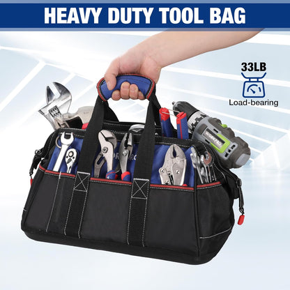 WORKPRO 16-inch Wide Mouth Tool Bag with Water Proof Molded Base | Multi-Pocket, Heavy Duty Cloth, Adjustable Shoulder Strap, Double-pull Zipper, For Workshops, Outdoor Projects