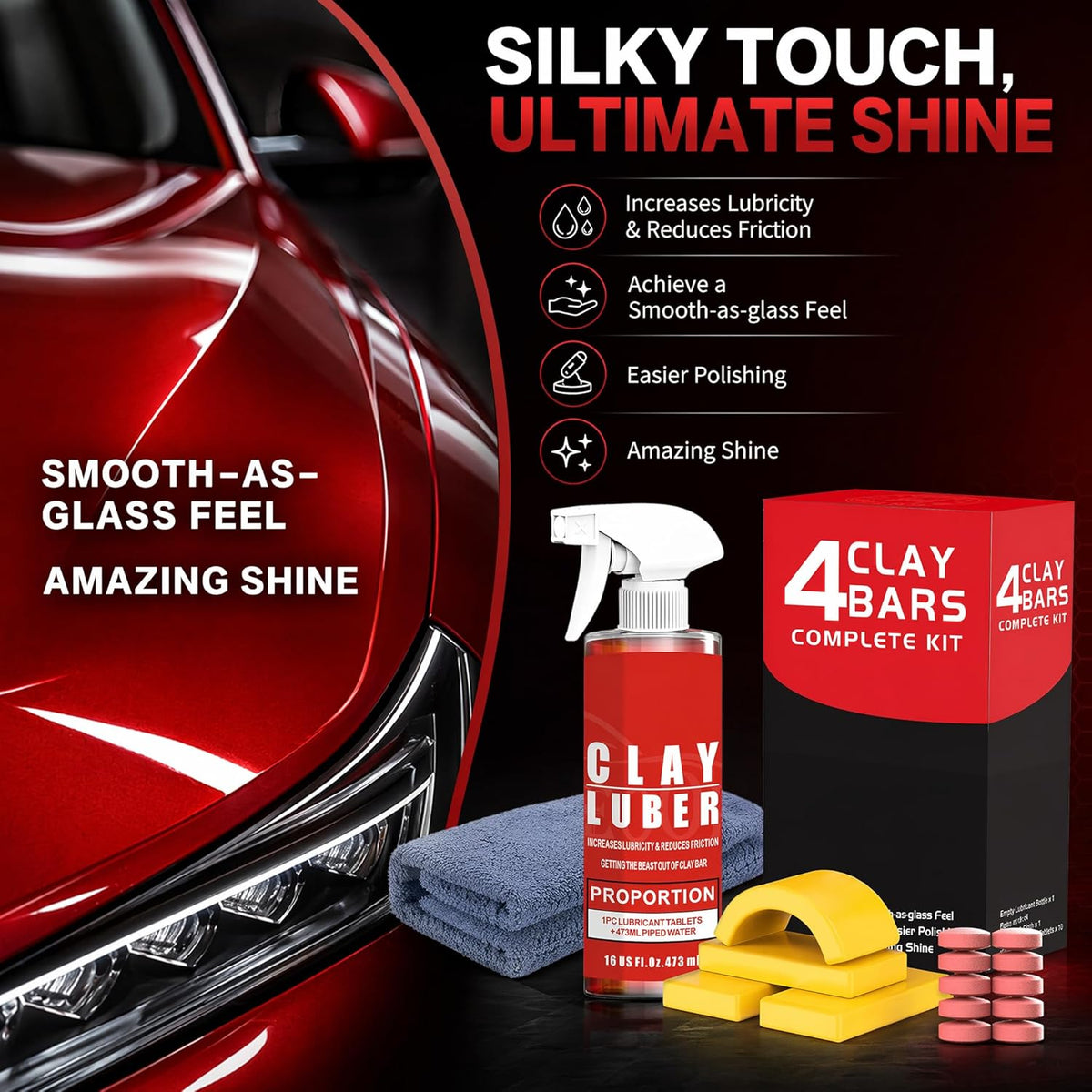 4-Piece Premium Clay Bar Car Detailing Kit - 16oz Clay Lubricant Spray & 10 Lubricant Tablets, Safe for Paint, Glass, Wheels - Removes Contaminants, Sap, Dust for a Smooth Glossy Finish