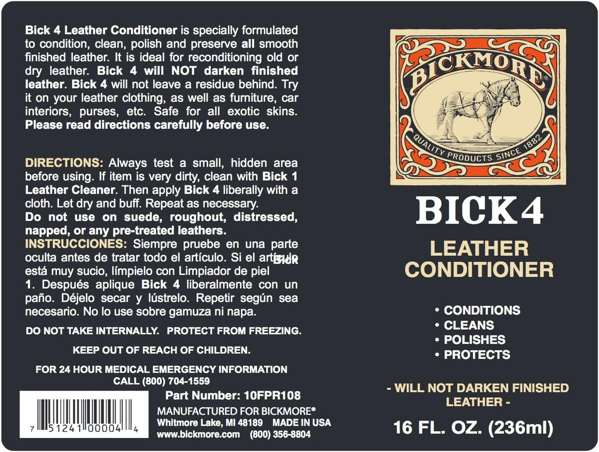 Bickmore Bick 4 Leather Conditioner 8 oz - Cleaner & Conditioner - Restore Polish & Protect All Smooth Finished Leathers