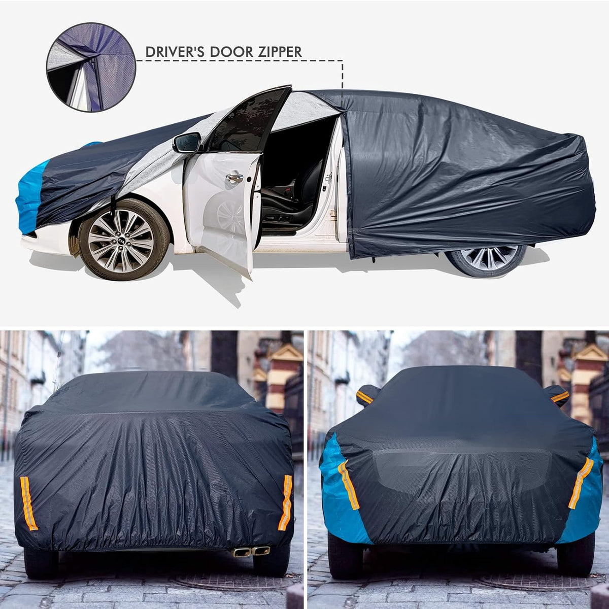 Car Cover Waterproof All Weather for Automobiles, 6 Layers Outdoor Full Exterior Cover Rain Sun UV Snowproof Protection with Zipper Cotton, Mirror Pocket for Sedan (190-195 inch)