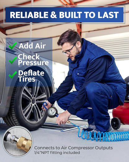 GERCHWAY Tire Inflator with Pressure Gauge and Longer Hose - Most Accurate, Heavy Duty Air Chuck with Gauge for Air Compressor Tire Inflator Attachment - 100PSI