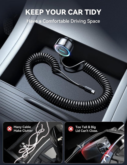 USB C 90W Car Charger for iPhone 17/16 Pro Max, PD & QC3.0 w/5 ft 45W Type Coiled Cable, Fast Car Phone Charger Adapter for iPhone 17Air/15 Pro, Samsung Galaxy S26/S25/S24, Pixel 10/LG/Android, iPad