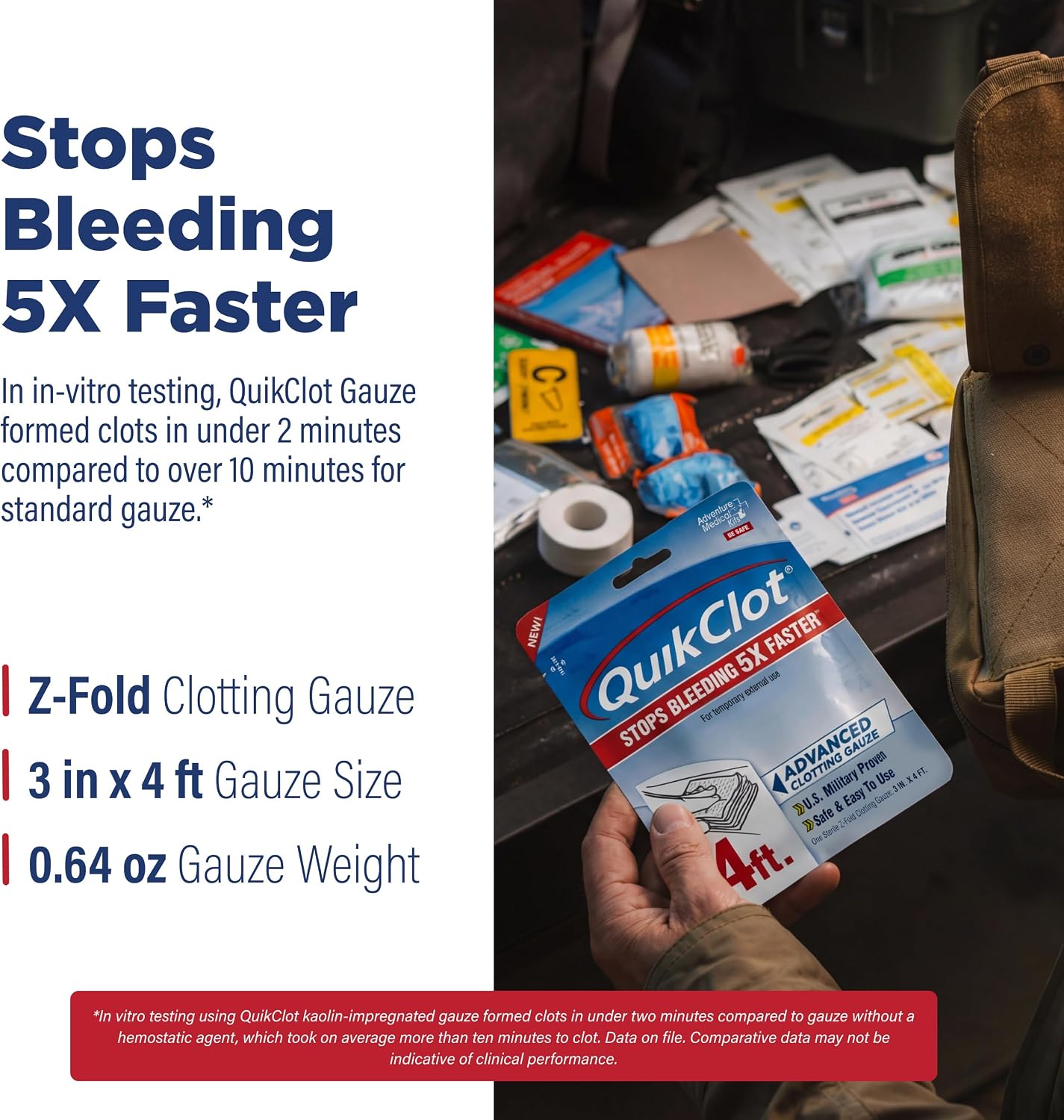 Adventure Medical Kits QuikClot Advanced Clotting Gauze - Stops Bleeding Up to 5X Faster Than Standard Gauze - Kaolin Hemostatic Dressing - for First Aid Kits & Survival Gear - 3 x 24