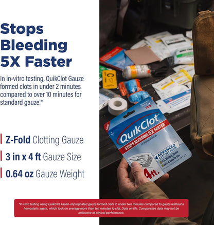 Adventure Medical Kits QuikClot Advanced Clotting Gauze - Stops Bleeding Up to 5X Faster Than Standard Gauze - Kaolin Hemostatic Dressing - for First Aid Kits & Survival Gear - 3 x 24