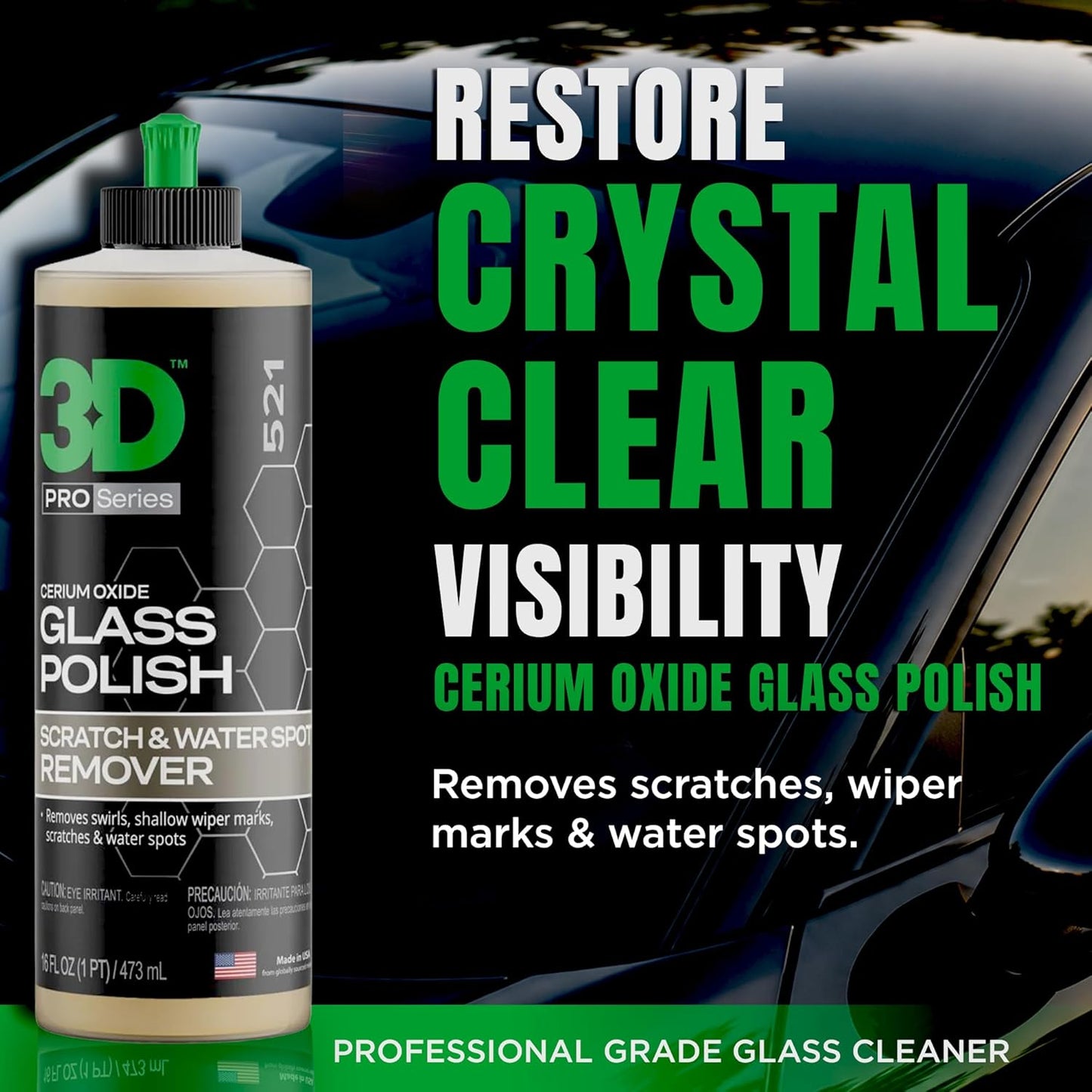 3D Glass Polish – Cerium-Oxide Based Window Polish, Light & Fine Glass Scratch Remover for Car Windows – Restores Clarity & Removes Wiper Marks, Swirls, Water Spots - 16oz