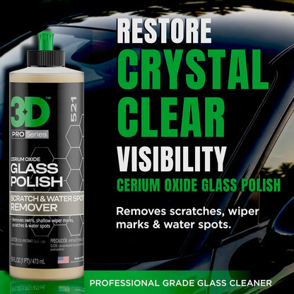 3D Glass Polish – Cerium-Oxide Based Window Polish, Light & Fine Glass Scratch Remover for Car Windows – Restores Clarity & Removes Wiper Marks, Swirls, Water Spots - 16oz