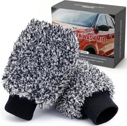 TAKAVU Car Wash Mitt Scratch Free, 2 Pack Microfiber Wash Mitts for Auto Detailing, Soft Lint Free Cleaning Gloves, Holds Sudsy Water, Machine Washable (Blue)