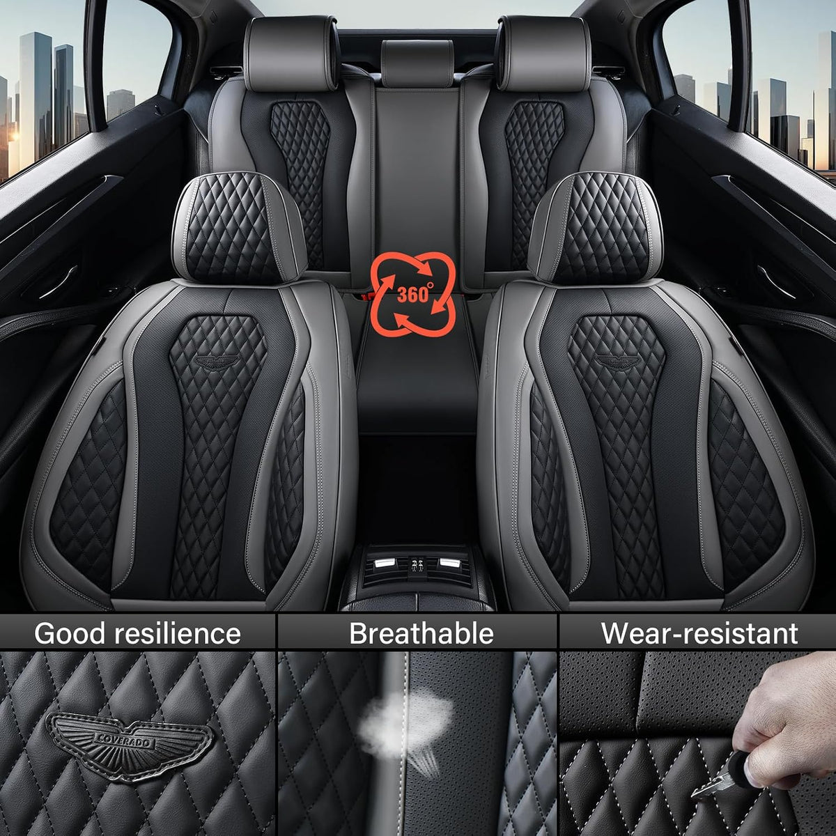 Coverado Seat Covers, Car Seat Covers Full Set, Black Car Seat Cover, Car Seat Covers Front Seats Back Seat Cover, Waterproof Car Seat Cushion, Leather Seat Covers Seat Protector Fit for Most Cars
