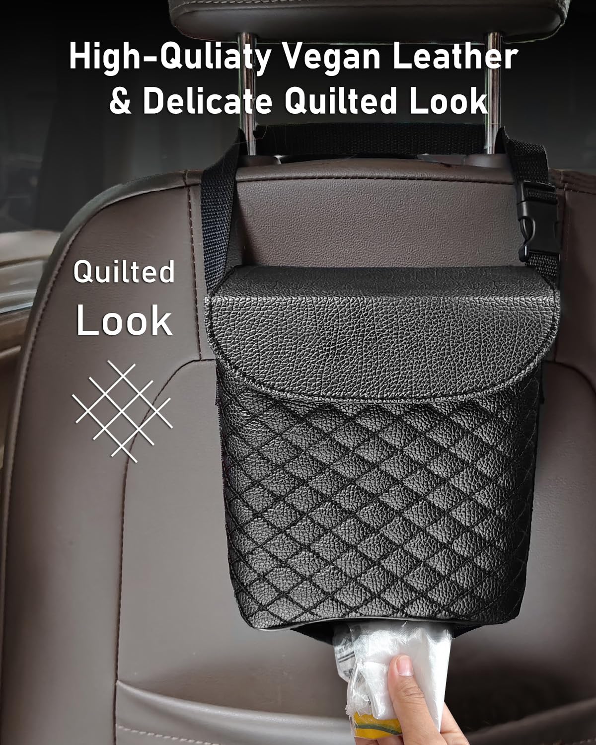 BELINOUS Leather Car Trash Can with Matching Tissue Holder, Waterproof and Leakproof Mini Car Trash Can with Lid, Small Garbage Bin with Adjustable Strap