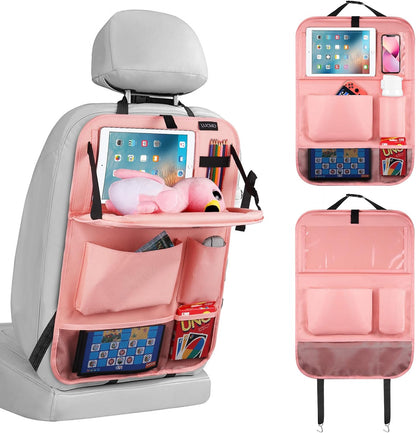 LUCMO Car Backseat Organizer with Tablet Holder,6 Storage Pockets Car Storage Organizer with Foldable Food Tray,Protectors Kick Mats Travel Accessories-Black