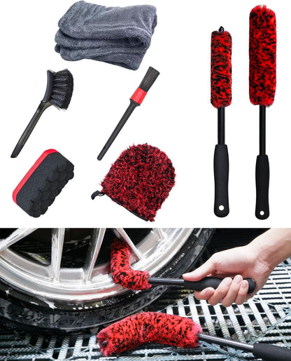 oesee Professional 4 Pack Long Handle Wheel Brush Kit for Cleaning Wheel and Tire- 2X Soft Wheel Cleaning Brush, Detailing Brush and Stiff Tire Brush, Bendable& Durable Wheel Rim Cleaner Brush Set