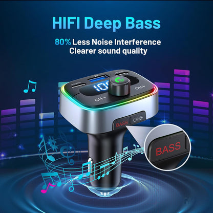 Bluetooth 5.4 Car Adapter 60W Charging USB Bluetooth Adapter for Car,Wireless Fm Transmitter Radio,Handsfree Calling and Audio Receiver,HiFi Music Player,7 Colors LED Backlit