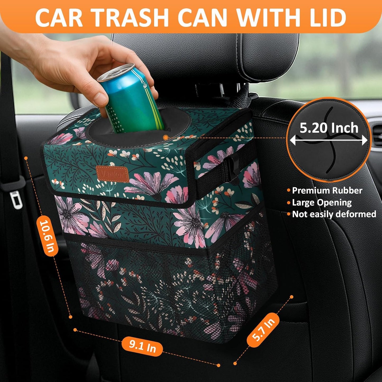 Vankor Car Trash Can Bin with Lid Hanging for Back Seat, Car Accessories for Women Men Leak Proof Automotive Garbage Cans Leakproof Vehicle Trash Can for Truck SUV Black