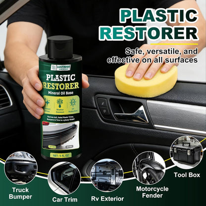 Plastic Restorer for Cars – Back to Black Plastic Restorer with UV Protection & Sponge – Long Lasting Solution Finish Black Trim Restorer for Auto Exterior, Truck, RV, Bumper – Restores Faded Trim