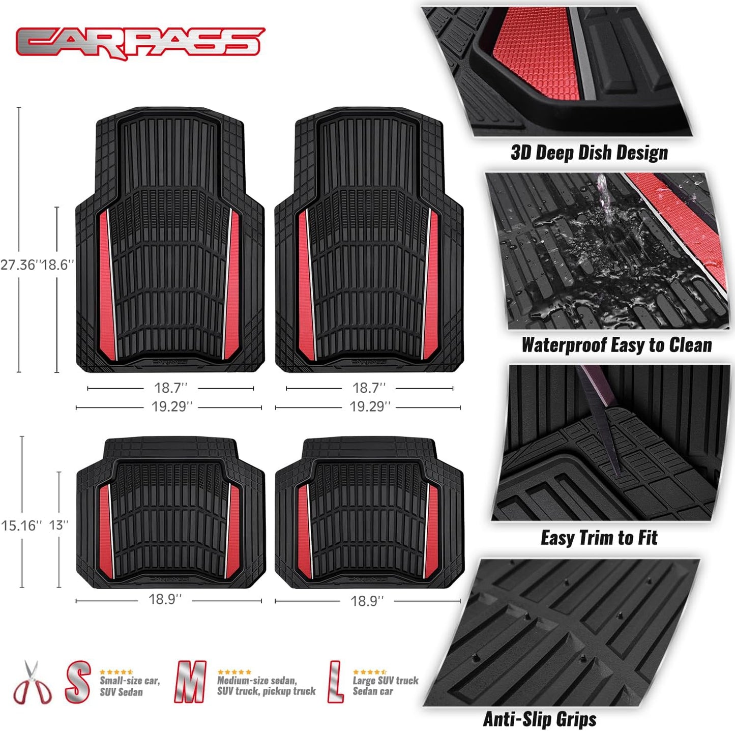 CAR PASS Heavy Duty Rubber Car Floor Mats, Deep Waterproof Car Floor Mats All Weather, Aluminum Film Floor Mats for Cars Non-Slip Universal Trim to Fit for SUVs Trucks Sedans Vans, Black Grey Metallic