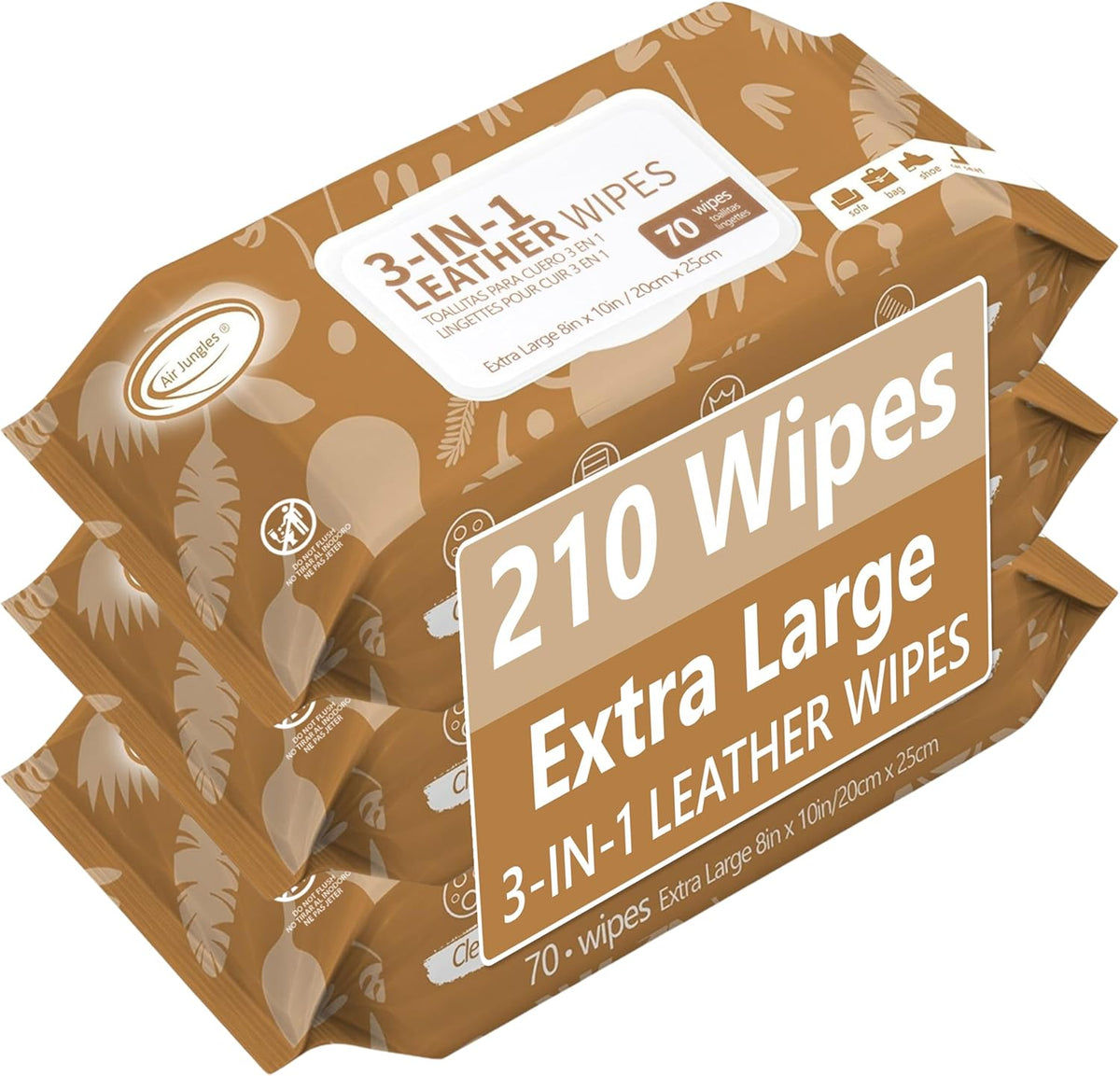 Air Jungles 3in1 Leather Cleaner Wipes 70 Count, Extra Large 8" x 10" Size, Clean Condition Protect Wipes for Vinyl and Leather Apparel Furniture Auto Car Interior Shoes Boots Bags