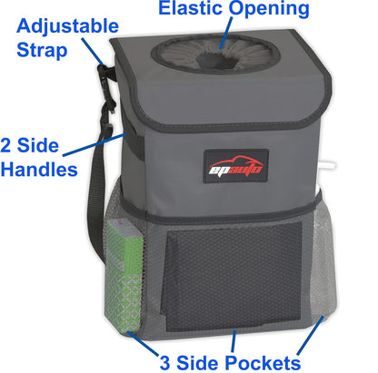 EPAuto Waterproof Car Trash Can with Lid and Storage Pockets, 2.5 Gallon, Black