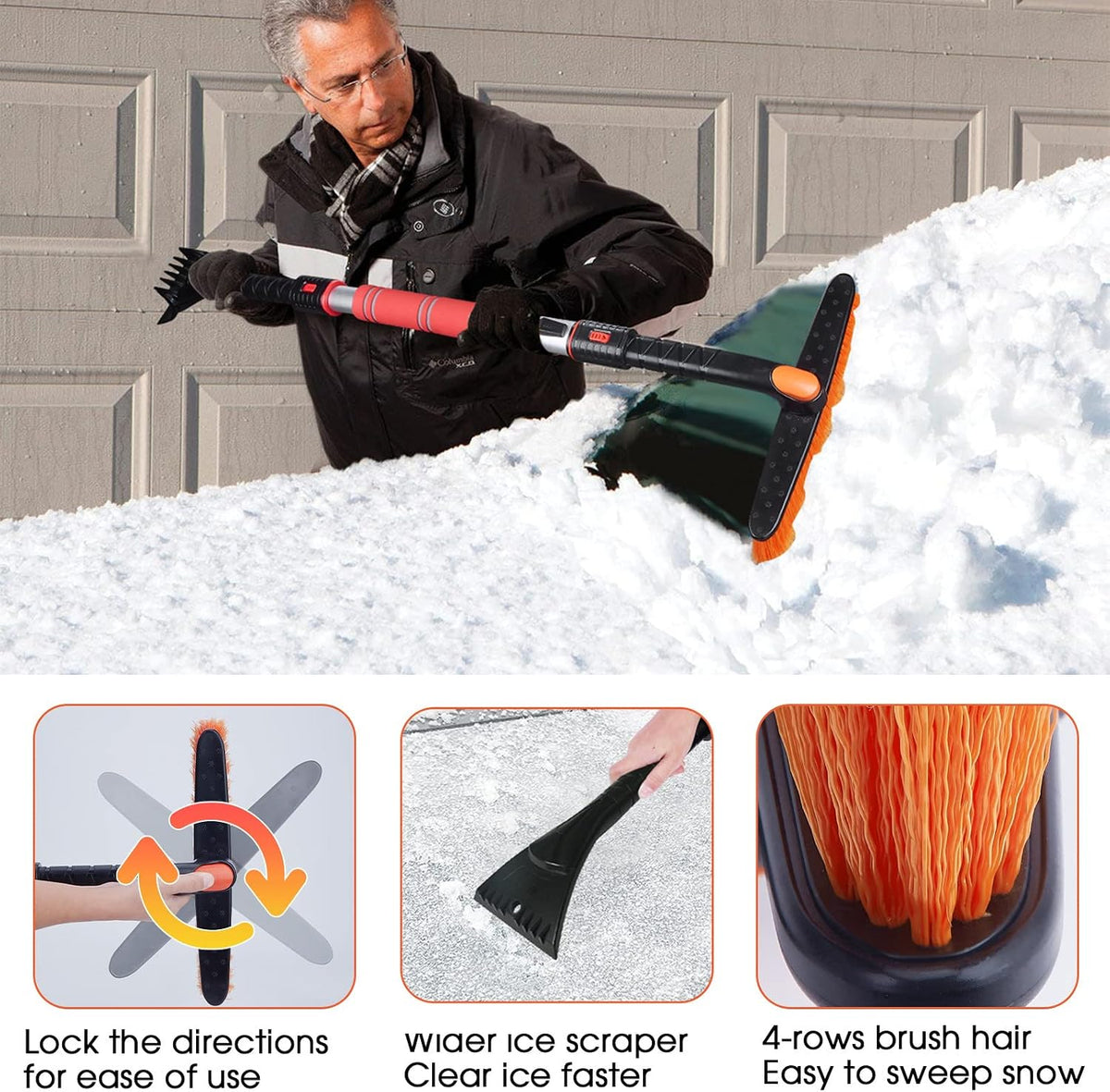 62.4" Snow Brush - Ice Scrapers for Car Windshield, 360°Pivoting Brush Head, Comfortable Foam Grip, Extendable Snow Removal Car Brush for Trucks SUVs, Essential Winter Tool