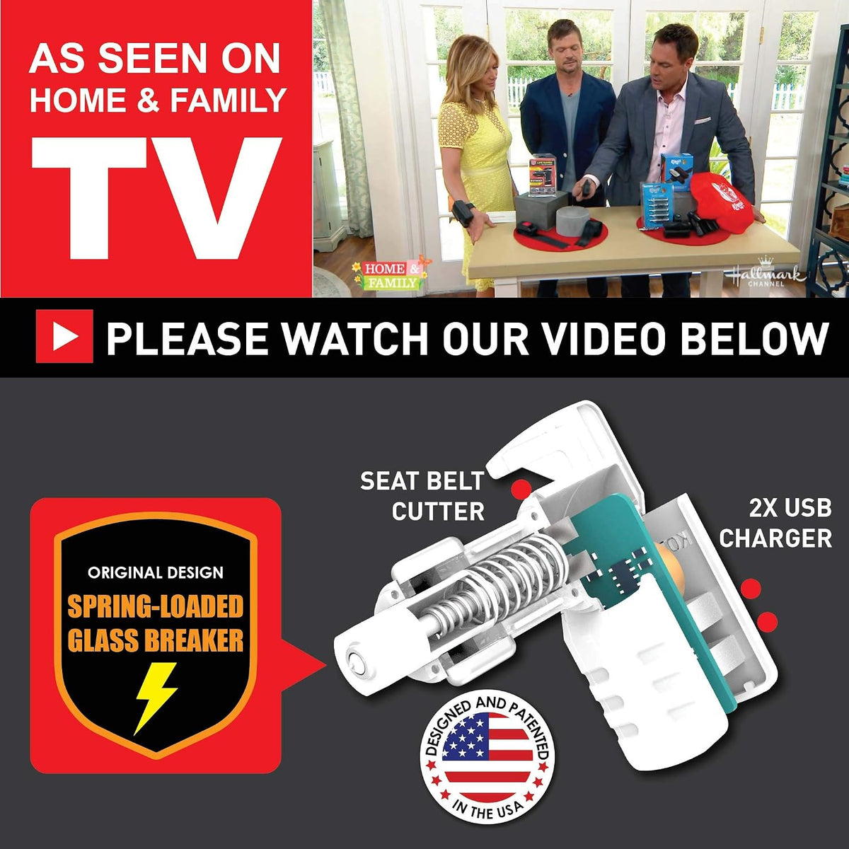 Ztylus Stinger Car Emergency Escape Tool, Spring-Loaded Window Breaker, Car Safety Hammer, Seatbelt Cutter and Window Glass Breaker, USB Car Charger, 2 USB Ports Max 2.4A (Black)