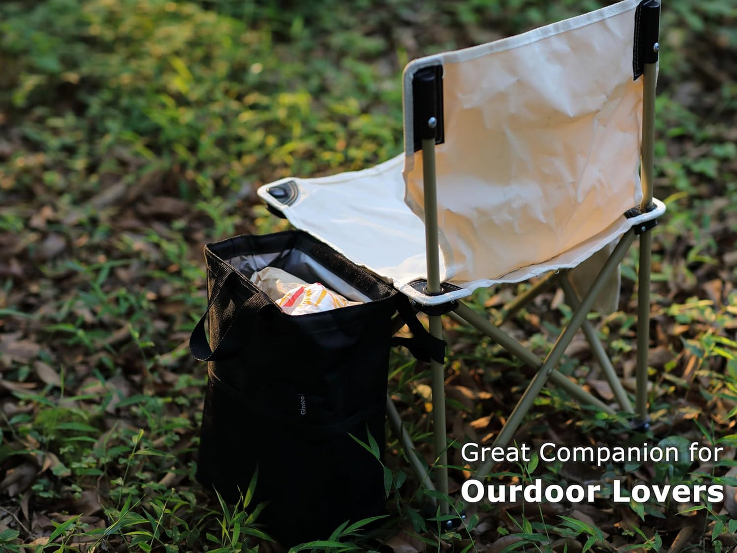 Ginsco New Leak-Proof Travel Car Trash Bag, 3.5 Gallons Large Capacity Hanging Car Trash Can with Hook and Loop Lid and Handle, Multipurpose Trash Bin with Storage Pockets for SUV RV Camping (Black)