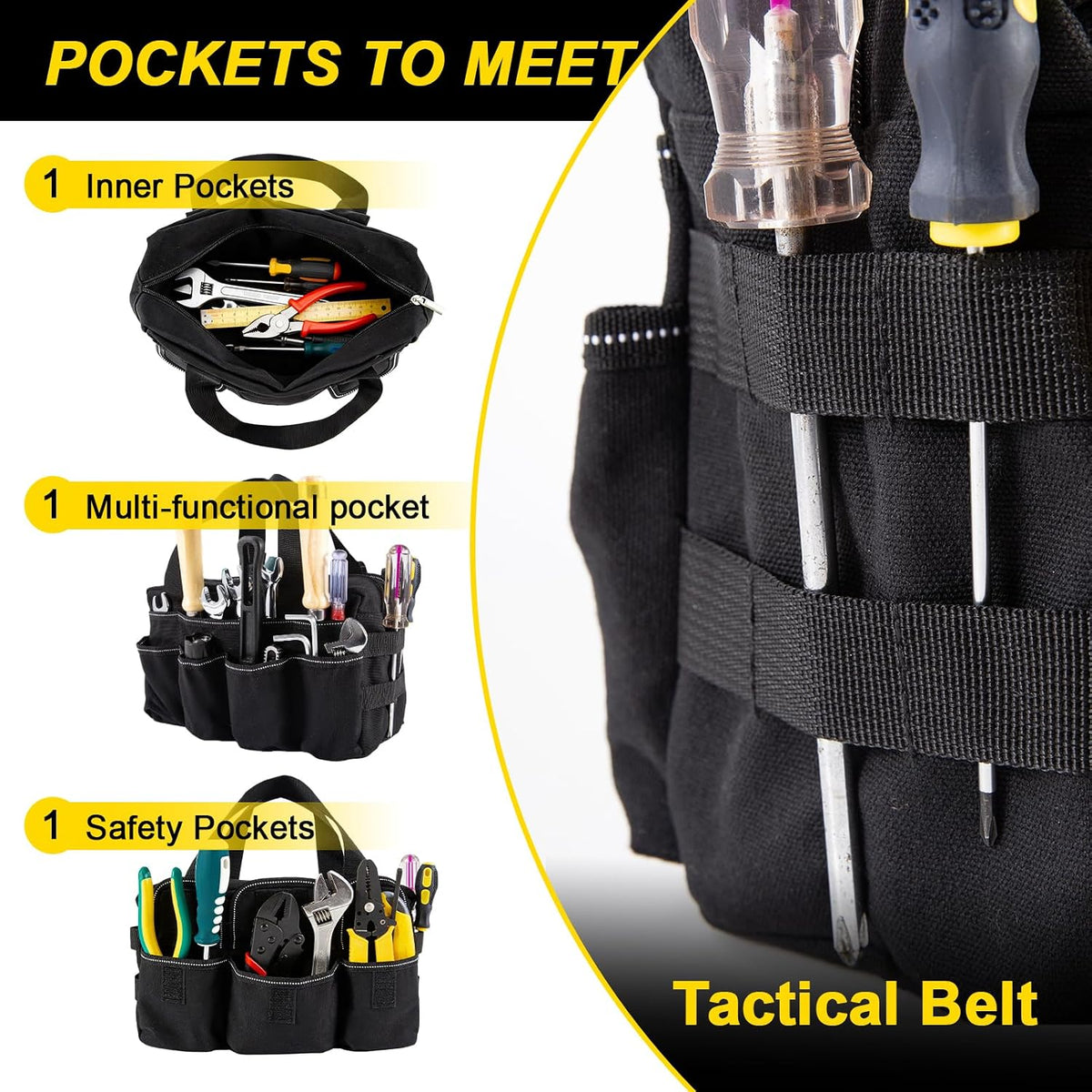 Small Tool Bag,Close Top Wide Mouth Tool Organizer Bag,Large Capacity Tool Bags for Men,Canvas Tool Storage Bag for Storage Handbag for Screwdrivers,Wrench,Pliers Hand Tools (black, 12 Inch)