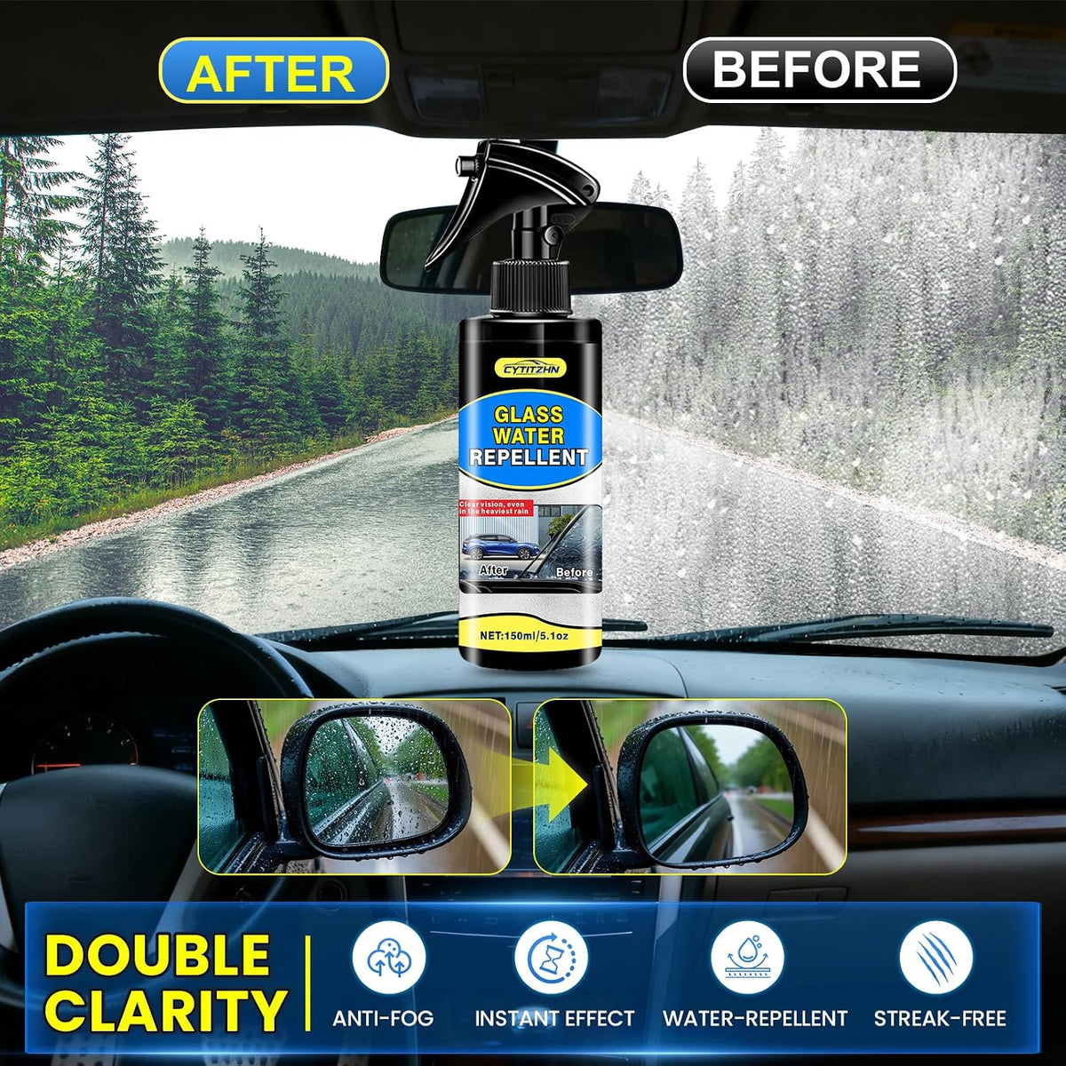 CYTITZHEN Water Repellent & Anti-Fog Spray for Quick Car Interior & Exterior Glass Care - Long-Lasting Hydrophobic Coating for Windshield, Windows, Mirrors & Helmets - Pack of 2