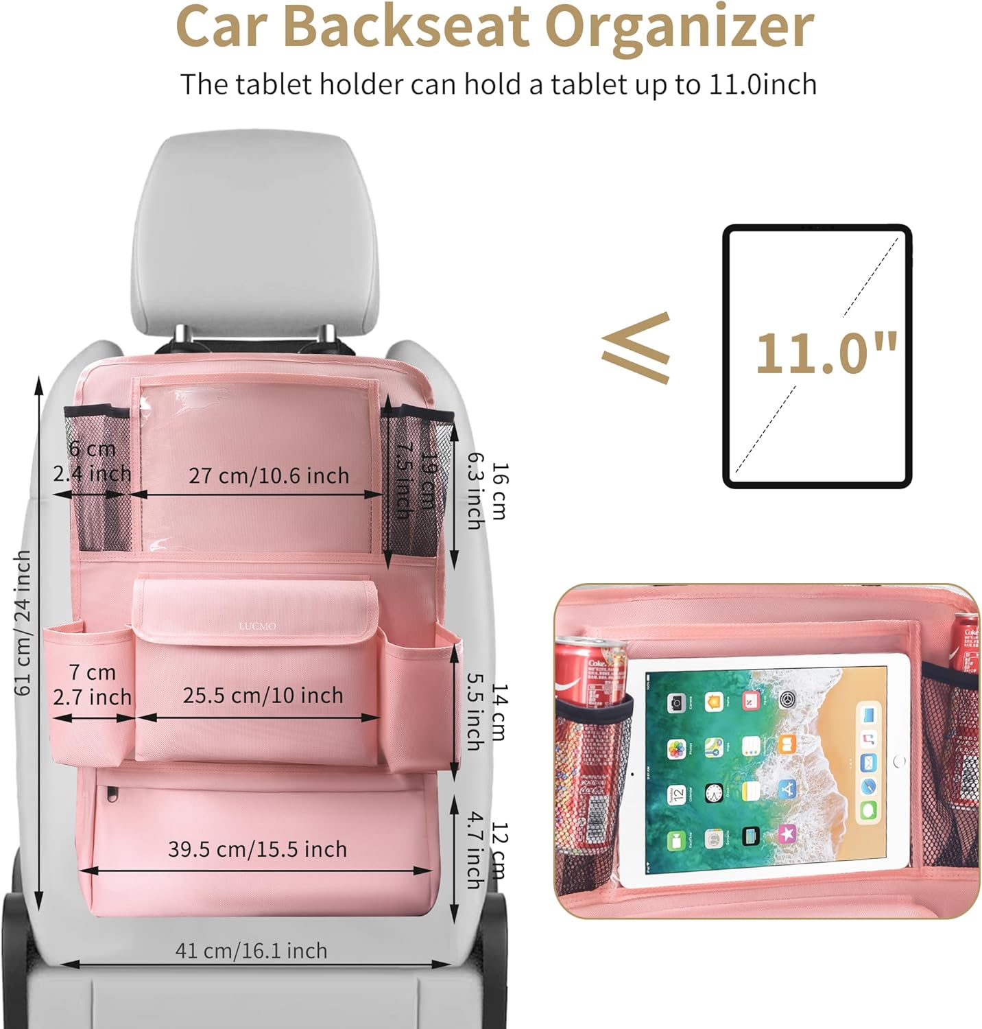 LUCMO Car Backseat Organizer with Tablet Holder,6 Storage Pockets Car Storage Organizer with Foldable Food Tray,Protectors Kick Mats Travel Accessories-Black