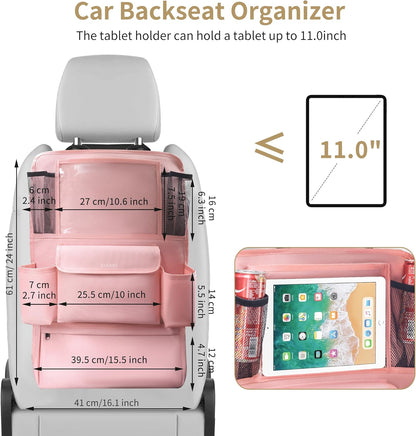 LUCMO Car Backseat Organizer with Tablet Holder,6 Storage Pockets Car Storage Organizer with Foldable Food Tray,Protectors Kick Mats Travel Accessories-Black