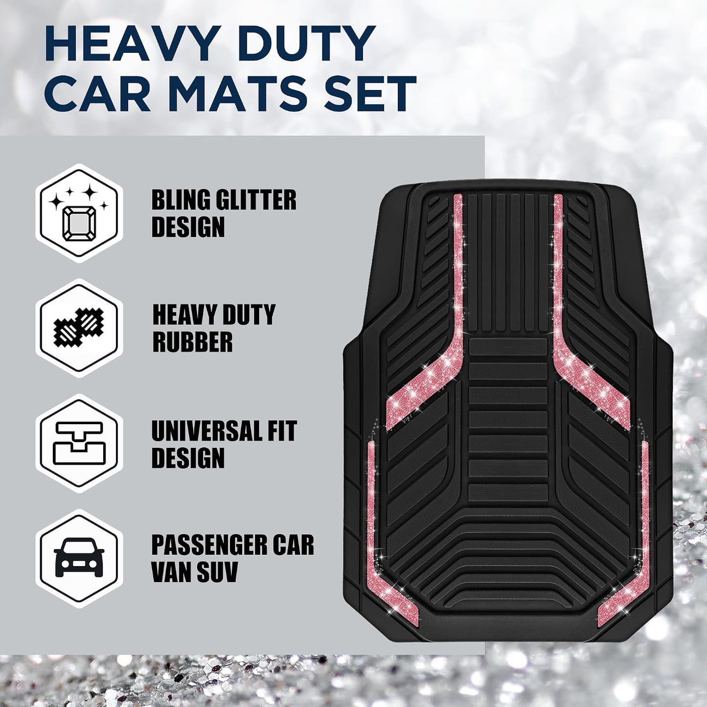 PIC AUTO Heavy Duty Rubber Floor Mats, Purple Aluminum Film Car Mats Set, Front and Rear Car Mats with Anti-Slip Backing, All Weather Protection, Trim-to-Fit for Automotive SUV, Sedan, Van