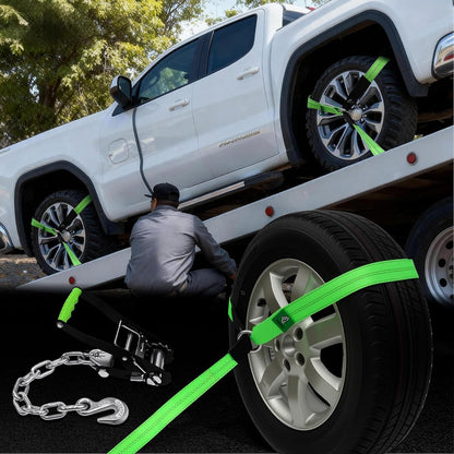 4 Pack Car Tie Down Straps for Trailers - 2" x 8' Heavy Duty Tire Straps with Snap Hooks - 10,000lbs Break Strength, Adjustable Lasso Style Wheel Straps for Hauling Cars, Truck, UTV(Green)